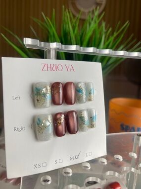 ZHUO YA Marble & Metallic Press-On Nail Set - Teal, Burgundy, Gold Med